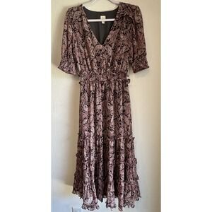 Roan + Ryan Dress Womens XS Cottagecore Floral Maxi Tiered Puff Sleeve Rayon